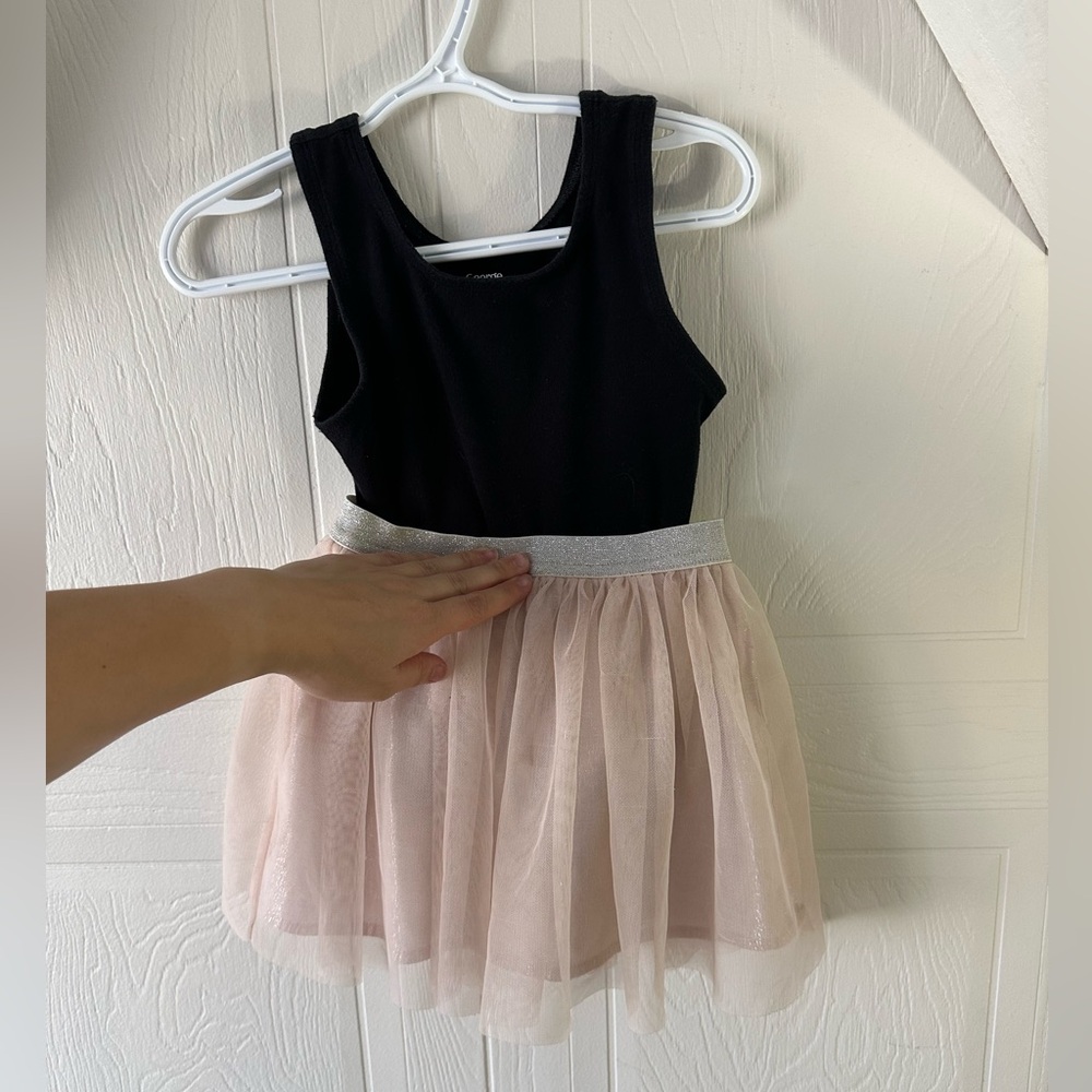 Dance outfit, black gymnastics or dance bodysuit with pink tutu stretchy.